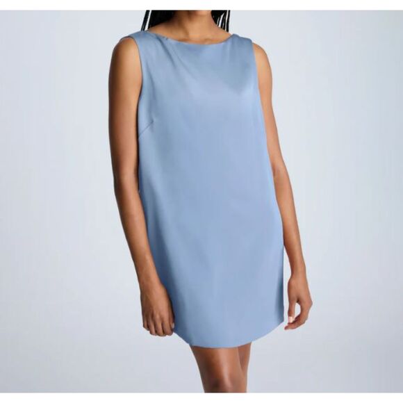 NEW Kenneth Cole NWT Blue Satin Shift Dress Size 14 Sleeveless Draped Back - Picture 1 of 6